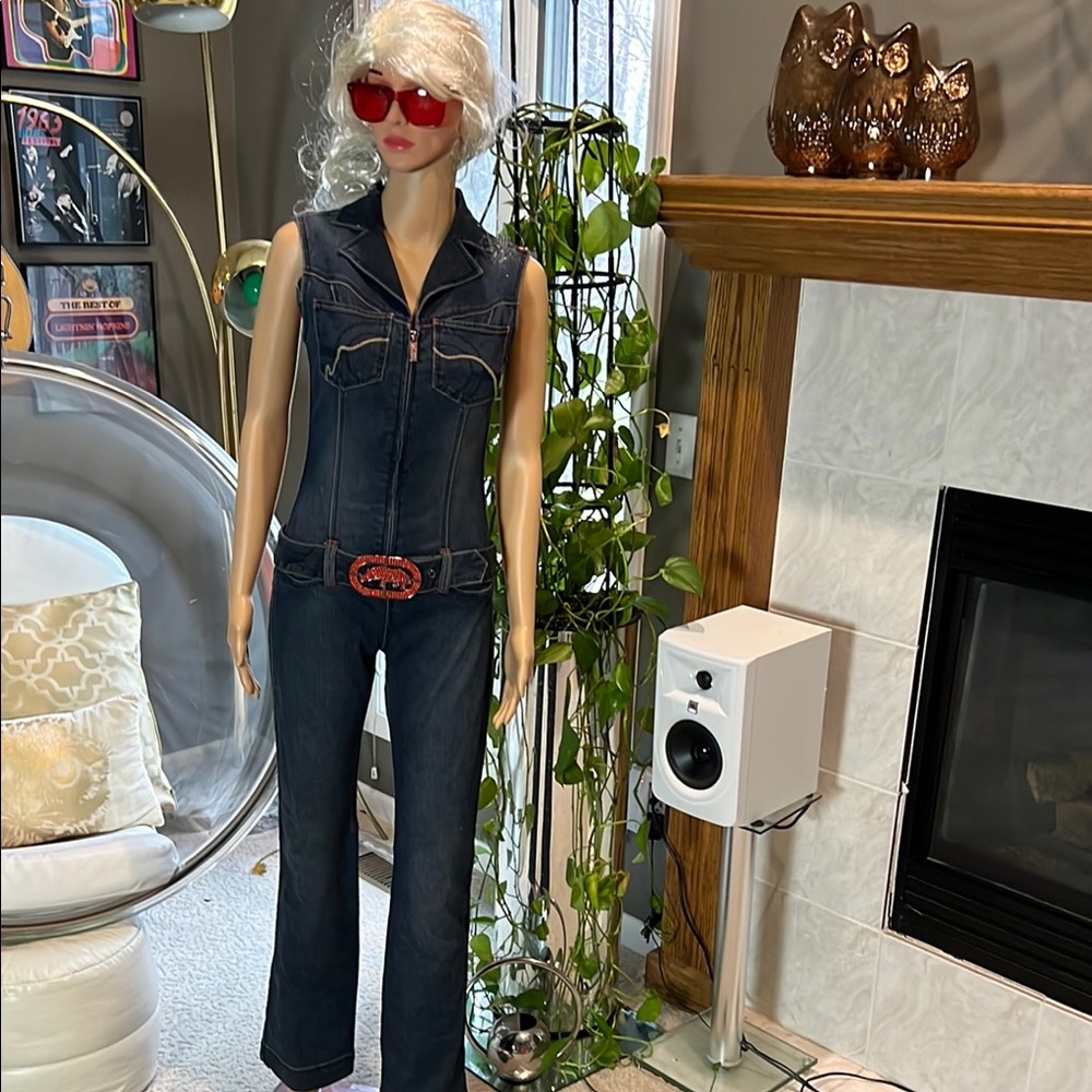 VTG Y2K Ecko Red Denim Jumpsuit with Red Rhinestone Belt, size XS